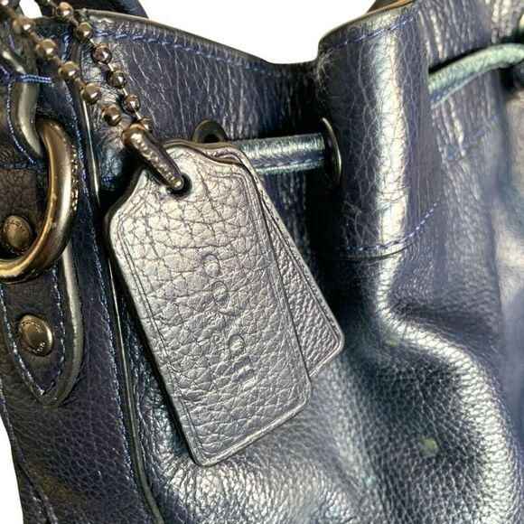 Coach Mickey Drawstring NavyBlue Pebbled Leather Bucket Convertible Shoulder Bag - Picture 5 of 15